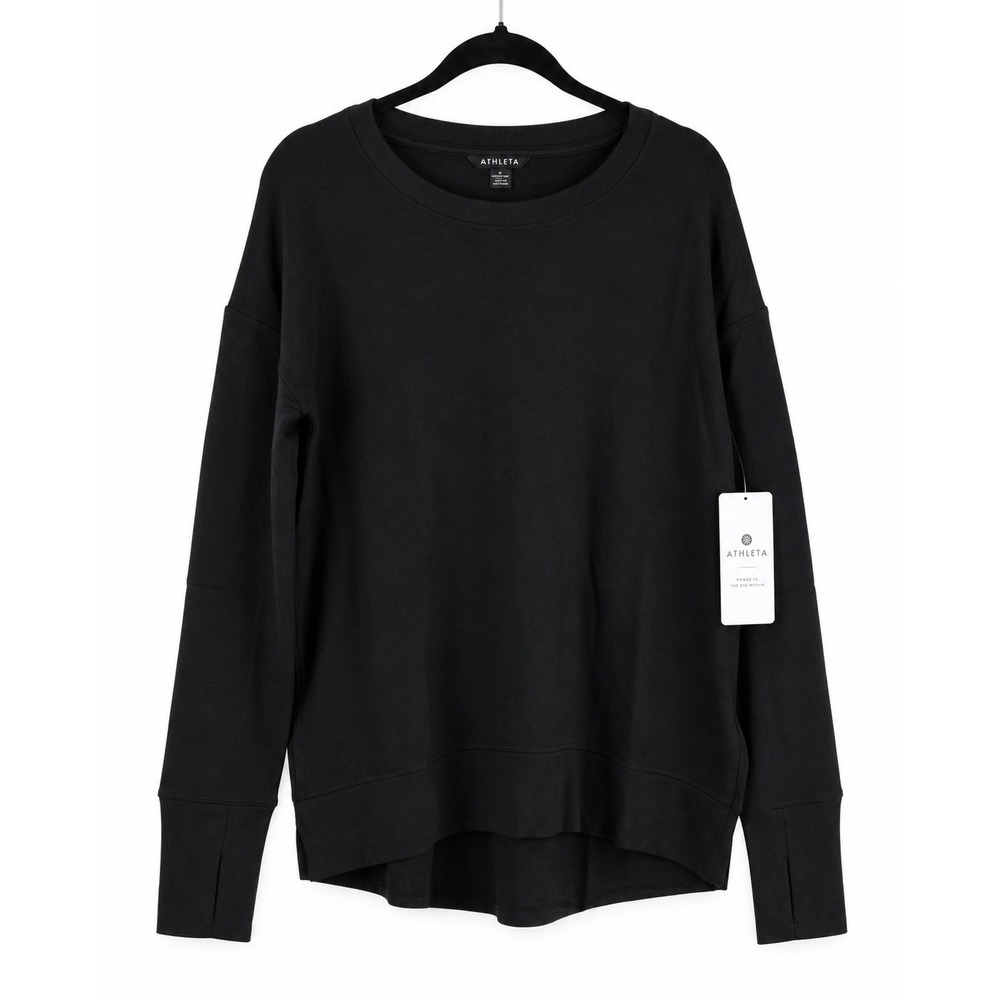 Athleta Coaster Luxe Sweatshirt Black Long Sleeve Crew Neck Thumbholes Small NWT